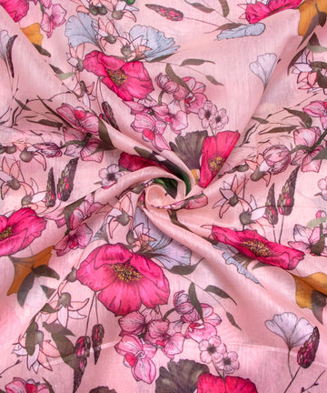 Light Peach Digital Floral Printed Chanderi Fabric